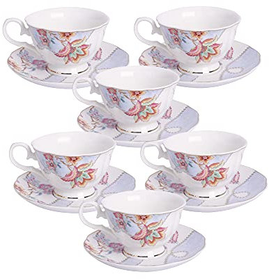 WENFEN Teeservice, Kaffeetassen-Set mit Blumenmuster, 6 Stück (150 ml), Cappuccino-Tassen aus Porzellan mit Untertassen, Teetasse for Geburtstag, Hochzeit und Party, Lila