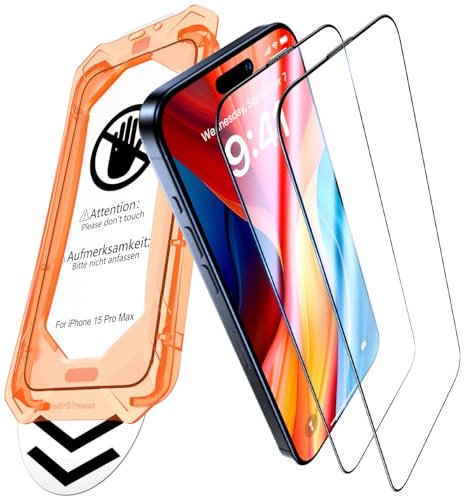 UniqueMe Protector Pantalla para iPhone 15 Pro Max, Alineación Automática, Eliminación Automática del Polvo, Grado Militar Inastillable, Ultra HD, Instalación Fácil, Cristal Templado -2 Pack