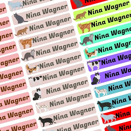Namensaufkleber Set - Kinder - Katzen - ab 54 Stück - 38x7 mm - mit Wunschtext - Name - personalisiert - Namensetiketten - für Jugendliche - Firma - Universität - Schule - Kinder - KITA