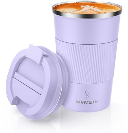MOMSIV Coffee Cup, Insulated Coffee Cup with Leakproof Lid, Non-Slip Vacuum Reusable Stainless Steel Eco-Friendly Travel Office Mug for Hot and Cold Water Coffee and Tea, 380ml/13oz(Purple)