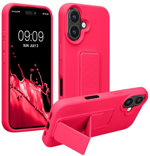 kwmobile 1x Custodia Compatibile con Apple iPhone 16 - Cover Supporto Dita - Back Case per Smartphone - Protezione Gommata Rosa Shocking