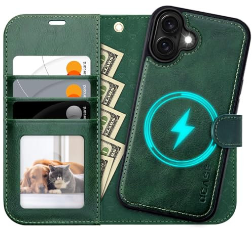OCASE iPhone 16 Hülle(2in1) Leder Stoßfestes Case, Abnehmbare magnetische Hülle, MitHandschlaufe, Kabelloses Laden, Kartenfach, Standfunktion, Handyh RFID Schutzh Klapphülle Dunkelgrün