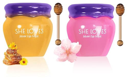 2PCS Lip Sleeping Mask, Honey Sakura Moisturizing Lip Balm Skincare Set with Stick, Day Night Repair Lip Mask Lip Moisturiser, Plumping Lip Hydrating & Prevention Dry and Crack Lip Scrubs Exfoliator