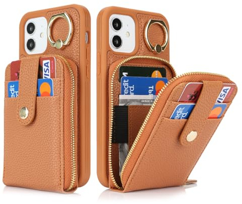 SailorTech iPhone 12 Case Ring Stand with Credit Card Holder for Women, iPhone 12 Pro Leather Case Wallet with Credit Card Slots Zipper Case for iPhone 12/12 Pro-Brown