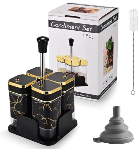 Miorkly Gewürzgläser Eckig - 4er Set mit Sockel,120ML Gewürzstreuer Set mit Schwarz Drehdeckel,Hochwertige Gewürzdosen,Glas Gewürz Organizer inklusive Trichter,Reinigungsbürste