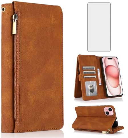 Compatible with iPhone 15 6.1 inch Wallet Case Tempered Glass Screen Protector Zipper Retro Leather Flip Cover Card Holder Stand Cell Accessories for iPhone15 5G i i-Phone i15 15Case Women Men Brown