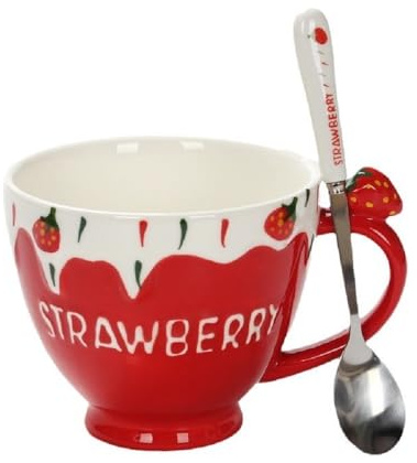 Huiyiwert Rote Erdbeerbecher Porzellan Kaffeebecher mit Löffel Süße Erdbeertasse 350ml Frühstückstasse Erdbeer Motiv Kaffeetasse für Mädchen Frauen Liebhaber Geburtstag Weihnachten