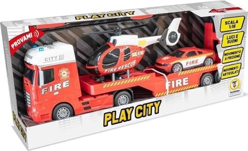 Teorema Giocattoli, Camion Pompieri Giocattolo per Bambini, con Elicottero e Auto, Set di Veicoli con Luci e Suoni, Movimento a Frizione, Scala 1:16, Tema Pompieri