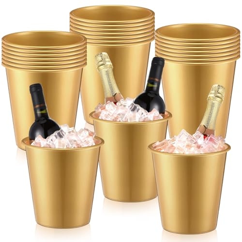 Layhit 24 Pcs Plastic Ice Buckets for Parties 3 Liters Wine Bucket Portable Ice Holder Disposable Wine Cooler for Party Wedding Party Beverages Champagne Soda and Beer (Gold)