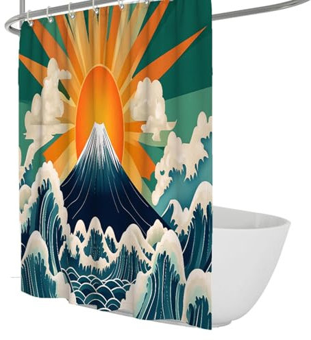 OLLIAR Home Japanische Asia Ocean Wave Duschvorhang für Badezimmerhalterung Fuji Sonne Sonnenlicht Badevorhang Set Polyester Stoff Badezimmer Badewanne Dekor 90x180
