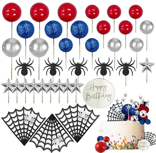 37PCS BMYUK Birthday Cake Decoration Spider Web & Stars Red Silver & Blue Glitter Balls Pick for Baby Shower Boys Kids Birthday Party Cake Decorations Supplies
