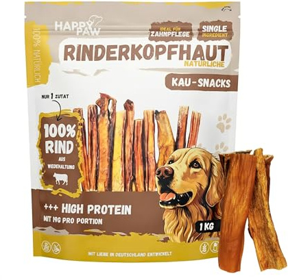 HappyPaw 1 kg de cuir chevelu de bœuf (15 cm) – Friandises à mâcher 100 % naturelles pour chiens – Soin dentaire et plaisir à mâcher – Séchage doux, riche en protéines et faible en gras – Article à