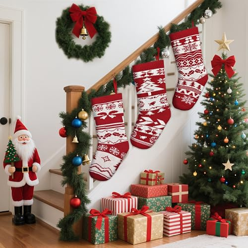Shyllin 3 Stück Personalisiert Nikolausstrumpf, Gestrickt Weihnachtsstrumpf, Befüllen nikolausstiefel, Kinder Nikolaussocke, Weihnachtssocken Dekoration, Nikolausstrumpf, Große Weihnachtsstrumpf