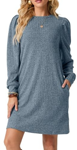 PrinStory Pullover Kleid Damen Langarm Freizeitkleider Rundhals Strickkleid Mit Taschen Herbst Winter