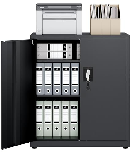 LAND·VOI Armario de Acero 3 Estantes con Cerradura Estantes Ajustables Puertas Dobles Armario de Oficina Mueble de Metal para Oficina Garaje Cocina Taller 80×40×91.5 cm Negro