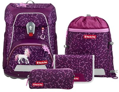 Step by Step Schulranzen-Set FIT „Pretty Unicorn Nuala“ 5-teilig, rosa, Einhorn-Design, ergonomischer Tornister mit Reflektoren, höhenverstellbar mit Hüftgurt für Mädchen ab der 1. Klasse, 19L
