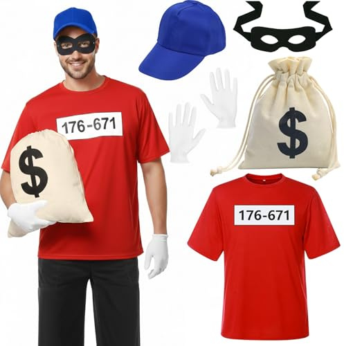 TOSZOLY Panzerknacker Kostüm Herren, Panzerknacker Banditen Bande Kostüms | T-Shirt Maske Handschuhe Tasche MÜTZE, Räuber Dieb Kostüm T-Shirt Herren Banditen Bande Karneval Fasching Outfit