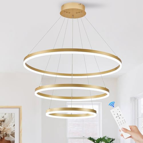 CATINER Moderner LED Rund Hängeleuchte Gold 3-Ring Esszimmer Pendelleuchten Dimmbar mit Fernbedienung für Esstisch Wohnzimmer Schlafzimmer Küche,40+60+80cm 65W