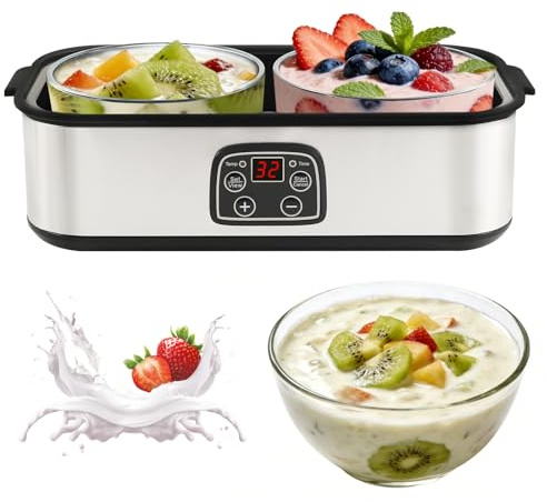 Yogurt Maker 2000ml with 2 Glass Jars, Stainless Steel Yoghurt Maker Machine with LED Display, Adjustable Temp and 48H Timer, for Making Organic Yogurt, Healthy Homemade Desserts (2×1000ml Glass Jars)
