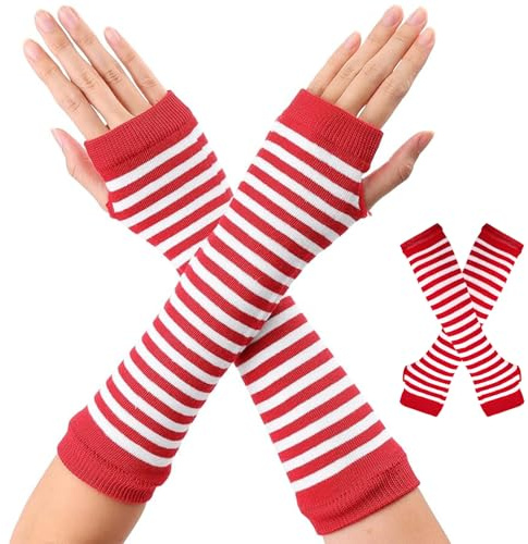 Gleemix Karneval Gestreifte Handschuhe, Damen Lange Fingerlose Handschuhe, Karneval Rot Weiss Armstulpen Damen, für Fasching Kostüm, Winter, Punk, Rock und Cosplay, Gothic, Halloween