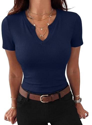 Gyabnw Women's V Neck T Shirt Ribbed Short Sleeve Slim Fit | Ribbed texture, V neckline, short sleeve design, slim fit, lightweight design, V neck T shirt styling, for work