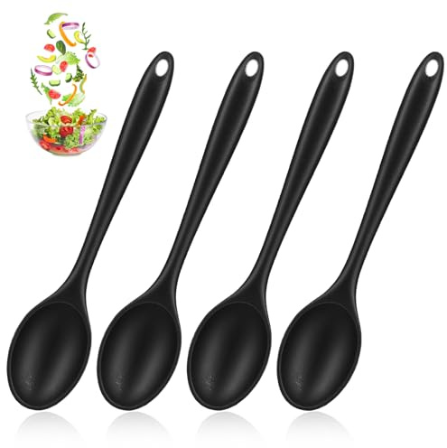 Elegaperma 4 PCS Black Silicon Spoon, Heat Resistant Large Silicone Spoons for Cooking, Silicone Cooking Spoon for Cooking, Salad, Baking, Serving, Mixing and Stirring