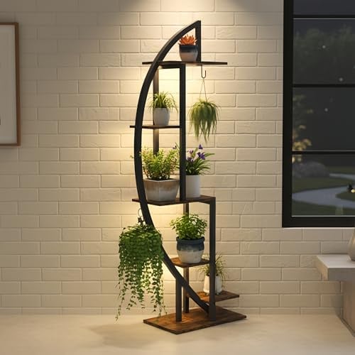 ZECIIYE Support pour plantes,avec lampes,pour l'intérieur et l'extérieur, 160 cm, 6 niveaux, en bois et métal, étagère à plantes avec lumière pour terrasse, jardin, balcon, coin, salon