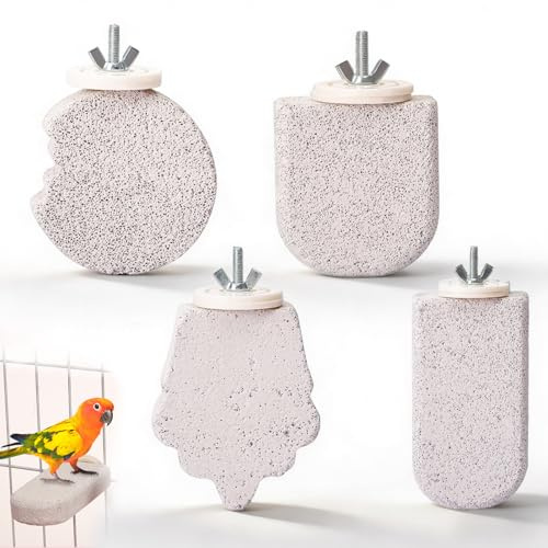 4 perchas para pájaros de piedra mineral, piedra natural, percha para pájaros, periquitos, perchas naturales para mordisquear, pico, piedra de afilar para jugar y cuidar las garras