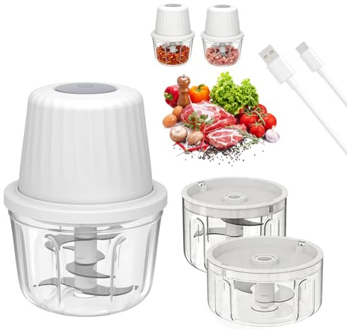 Hachoir électrique de cuisine, hachoir à oignon, avec chargement USB, hachoir à légumes, hachoir à oignons sans fil, mini robot de cuisine pour viande, noix, fruits, oignons (400 + 250 + 100 ml)