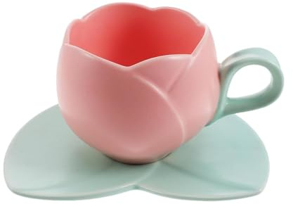 Generico Tazza a forma di tulipano in ceramica con cucchiaio da caffè carina ed elegante per il tè decorazione o regalo Set polivalente sottobicchiere