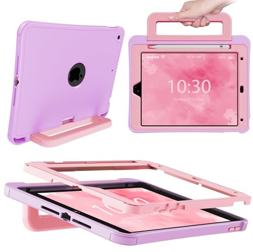 INFILAND Custodia per iPad 10,2 9ª/8ª/7ª Gen (2021/2020/2019), Cover Robusta in Silicone Antiurto con Supporto, Maniglia e Porta Penna (Lavender-Pink)