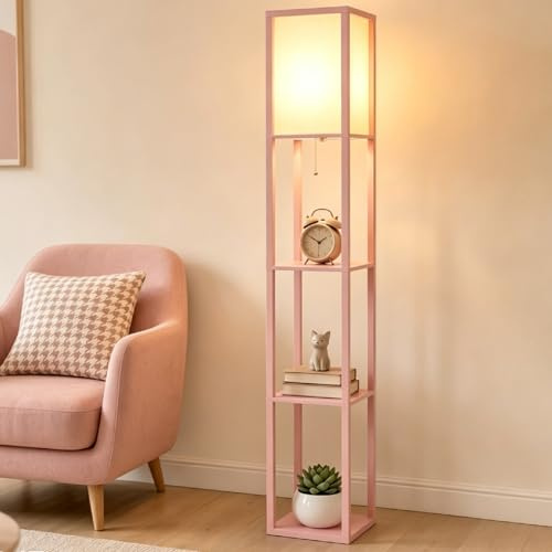ARTETHYS Floor Lamp with Shelves, Standard Tall Lamps for Living Room | Standing Lamps with 3-Tier Storage Shelf, Modern Wooden Lamp for Bedroom, Home Office, Pink