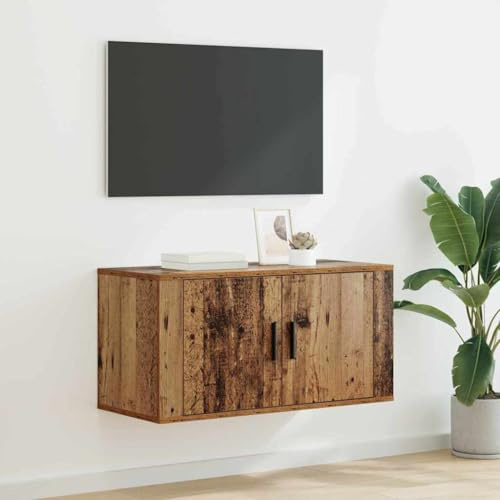 Fengshui Wandmontiertes TV-Regal Altholz 80 x 34,5 x 40 cm | Aus Holzwerkstoff, Rustikales Design, Mit Turscharnieren Und Stangengriffen, Viel Stauraum