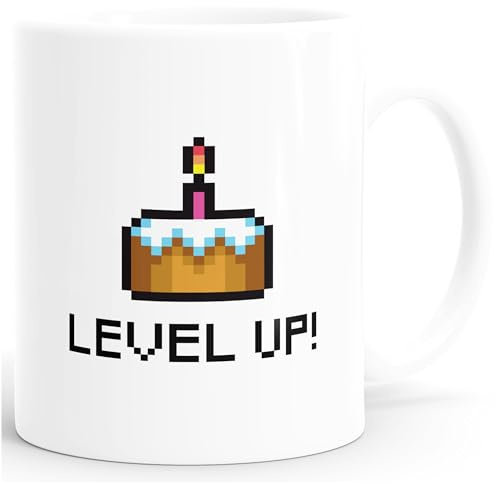 MoonWorks Kaffee-Tasse Geburtstag Level Up Pixel-Torte Retro Gamer Pixelgrafik Geschenk Arcade Weiss unisize