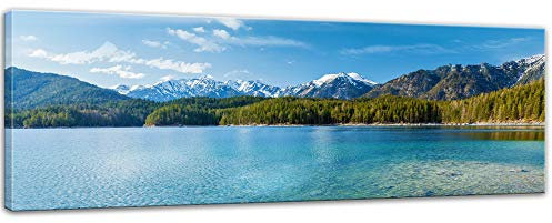 Bilderdepot24 Bild auf Leinwand | Eibsee und Zugspitze I in 120x40 cm als Panorama Wandbild XXL | Wand-deko Dekoration Wohnung modern Bilder | 211420