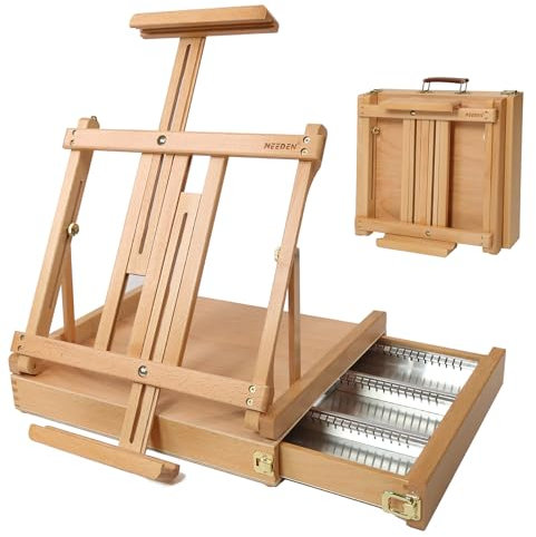 MEEDEN Studio Sketchbox Table Easel with Metal Lined Drawer - Adjustable Solid Beechwood Tabletop Easel & Sketchbox Artist Easel with Storage, Great for Studio or Plein Air - Holds canvases up to 34