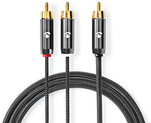 Nedis Profigold Subwoofer Cable 5m, RCA Male to Male, for Hi-Fi Systems & Home Theatre, Deep Bass Stereo Cord, Nylon Braided - Gun Metal Grey