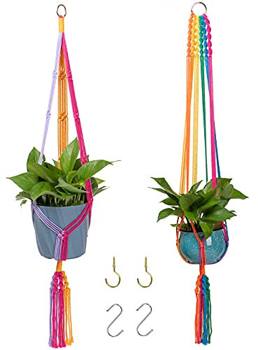 HOWMAX Rainbow Colorful Macrame Plant Hanger with 4 Hooks, Hanging Plant Holder Indoor Outdoor, Handmade Cotton Rope for Boho Room Decor Hanging Ceiling Decor，2 Pack.