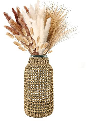 WDXN Vase decoratif,Vase Pampa,Paille Vase en Verre Transparent,Vases de Ferme avec Rotin pour Salon Bureau dans Cuisine Maison