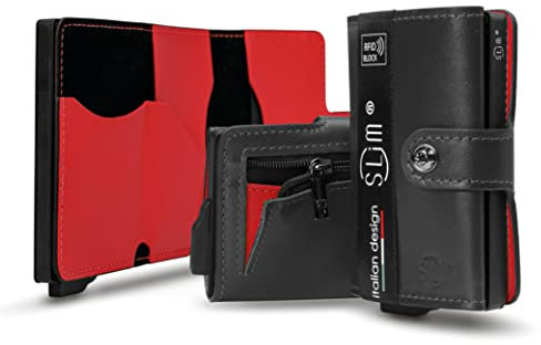 SLim Porta Carte di Credito Schermato Portafoglio Uomo Rfid Portatessere Anticlonazione Donna Portacarte Uomo (Nero E Rosso, Con Zip)