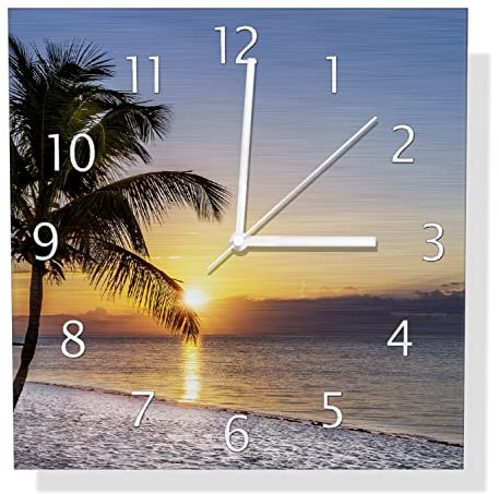 Wallario Design Wanduhr Palme am Strand - Sonnenuntergang über dem Meer aus Aluverbund, Alu-Uhr Größe 30 x 30 cm, weiße Zeiger mit Metalloptik