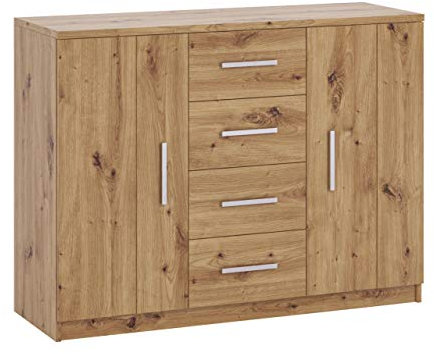 Mirjan24 Kommode Bianco mit 4 Schubladen, Sideboard, Highboard, Mehrzweckschrank, Wohnzimmerschrank, Anrichte, Schrank, Wohnzimmer (Eiche Artisan.)