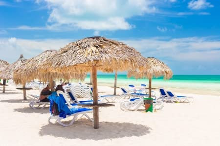21051379 Tableau en bois 50 x 30 cm - Parasol couvert de paille dans un restat sur la plage de Coco Key Cayo Coco à Cuba lors d'une belle journée d'été (21051379)