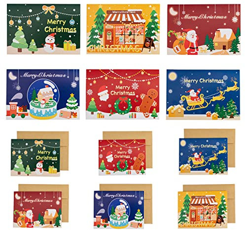 WACH AUF Weihnachtskarten mit Umschlag Set, 24PCS Weihnachtsgrußkarten und 24PCS Kraftpapier Umschläge, Klappkarten für Weihnachtsgrüße für Party Einladung, Weihnachtsgrüße