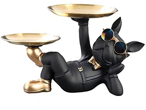 BAOJULONG Coole Französische Bulldogge Figur Deko, Bulldogge Statue mit Tablett, Bulldogge Skulptur Deko Hund, Französische Bulldogge Dekofigur Ornamente für Wohnzimmer, Büro, Schreibtischdekoration