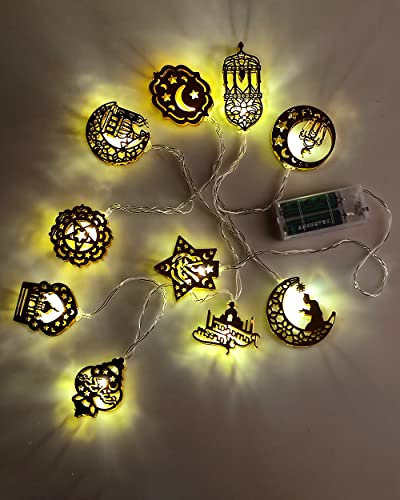 Décoration Ramadan 2024, Ramadan Decoration Guirlandes Lumineuses Étoile Lune 5,4 pieds 10 LED Guirlandes lumineuses Ramadan Lumières de l'Aïd Moubarak à piles pour Intérieur Extérieur, Blanc Chaud