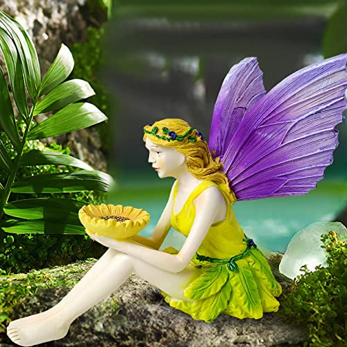 QMCAHCE 21,6 cm Farbe sitzende Feenstatue, Engel-Gartenskulptur, Feenfigur, antikes Harz-Engelhandwerk, Heimtischdekoration, Feengarten, Rasenhof, Veranda-Dekoration (gelb)