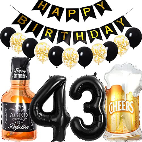 Conruich Geburtstagsdeko 43 Jahre Mann Frau, Luftballon 43. Geburtstag Deko Mann, Folienballon Zahl 43 Schwarz, Helium Ballon Whiskey Bierglas für 43. Geburtstag Manner Party Dekoration
