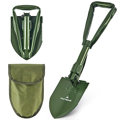 18.1 Military Style Foldable E-Tool, Small Compact Lightweight Survival Shovel, Entrenching Tool for Off Road, Folding Spade Collapsible Shovel for Camping, Hiking, Digging, Gardening, Green