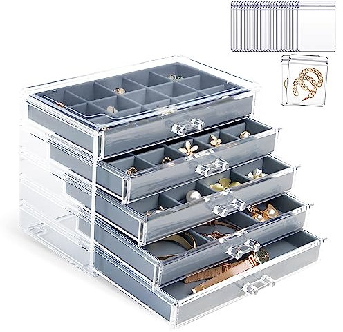 KAMIER Acryl Schmuckkästchen für Damen,Schmuckschatulle mit 5 Schubladen,Schmuckaufbewahrung mit 20 teiliges Transparentes Schmuckbeutel Set, für Ohrringe,Ringe,Halsketten,Armbänder,Vitrine, Blaugrau